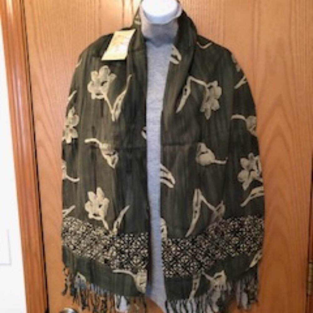3/$15 NWT Red's Threads Oblong Batik Scarf 90s Handmade Bali Floral Fringed